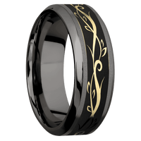 8mm wide High Bevel Darkened Tantalum Ring with Sand Blast Finish / One 4mm Centered 14k Yellow Gold Inlay with Satin Finish / Vine Inlay Design