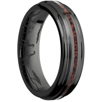 6mm wide Flat Rounded Edges Black Titanium Ring with Bead Blast Finish / One 1mm Centered Red Dinosaur Bone Inlay / Safari Interior Pattern