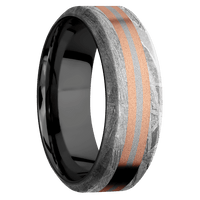 8mm wide High Bevel Meteorite Ring / One 3mm Centered 18k Rose Gold Inlay with Sand Blast Finish / One 1mm Centered 18k White Gold Inlay with Sand Blast Finish / Black Zirconium Sleeve