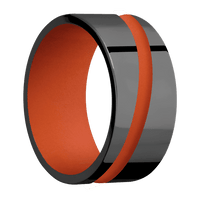 10mm wide Flat Black Zirconium Ring with Polish Finish / One 2mm Angled Hunter Orange Cerakote Inlay / Hunter Orange Cerakote Sleeve