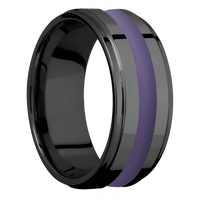 9mm wide Flat Grooved Edges Black Titanium Ring with Polish Finish / One 3mm Centered Bright Purple Cerakote Inlay