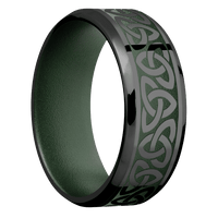8mm wide Beveled Black Zirconium Ring with Polish Finish / Celtic Trinity Design and Highland Green Cerakote Accents / Highland Green Cerakote Sleeve