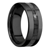 8mm wide Flat Black Titanium Ring with Machine Finish / One 3mm Centered Black Carbon Fiber Inlay