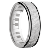 7mm wide Flat 18k White Gold Ring with Polish Finish / One 5mm Centered Meteorite Inlay and Black Cerakote Accents / Piano Interior Pattern