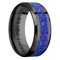 8mm wide Beveled Black Titanium Ring with Polish Finish / One 4mm Centered Purple Opal Inlay / None Interior Pattern