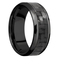 8mm wide Beveled Black Titanium Ring with Bead Blast Finish / One 5mm Centered Black Carbon Fiber Inlay