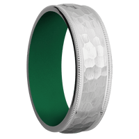 7mm wide Domed Milgrain Edges Titanium Ring with Hammer Finish / Green Cerakote Sleeve