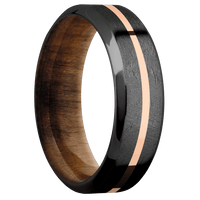 7mm wide High Bevel Black Titanium Ring with Distressed Finish / One 1mm Centered 14k Rose Gold Inlay with Polish Finish / Teak Sleeve