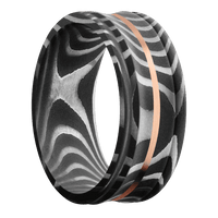 9mm wide Concave Center Round Edges Tiger Damascus Steel Ring with Acid Damascus Finish / One 1mm Centered 14k Rose Gold Inlay with Satin Finish