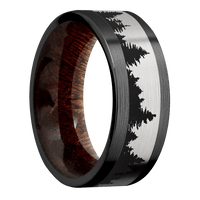 8mm wide Flat Black Titanium Ring with Satin Finish / One 5mm Centered 18k White Gold Inlay with Satin Finish / Trees Inlay Design and Black Cerakote Inlay Design Accents / Sapele Sleeve