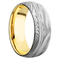 8mm wide Domed Tightweave Damascus Steel Ring with Bead Blast Kuro Damascus Finish / 18k Yellow Gold Sleeve