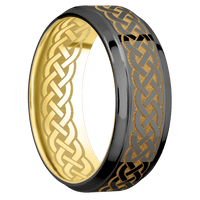 8mm wide Stepped Bevel Black Titanium Ring with Polish Finish / Celtic 9 Design and Gold Cerakote Accents / 10k Yellow Gold Sleeve / Celtic 9 Interior Pattern