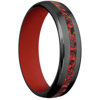 6mm wide Domed Bevel Black Titanium Ring with Satin Finish / One 2mm Centered Ruby Red Opal Inlay / Red Apple Cerakote Sleeve