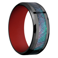 8mm wide Beveled Black Titanium Ring with Polish Finish / One 4mm Centered Black Mother of Pearl Inlay / USMC Red Cerakote Sleeve