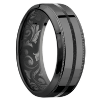 8mm wide High Bevel Milgrain Black Titanium Ring with Polish Finish / One 1mm Centered Black Dinosaur Bone Inlay / None Interior Pattern