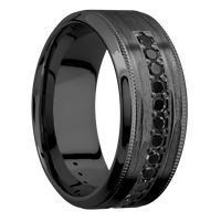 9mm wide High Bevel Milgrain Black Titanium Ring with Treebark H Finish / Half Eternity Round .03 carat Black Diamond Bead-Set Gemstones