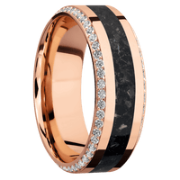8mm wide High Bevel 14k Rose Gold Ring with Polish Finish / Bevel Eternity Round .01 carat Standard Lab Grown Diamond Bead-Set Gemstones / One 3mm Centered Black Onyx Inlay