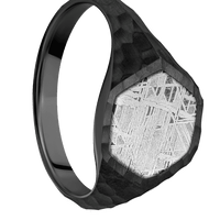 Hexagon Black Titanium Signet Ring / Hammer Ring Finish and Hammer Signet Finish / Meteorite Inlay / Size 8