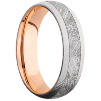 6mm wide Domed Marble Damascus Steel Ring with Bead Blast Kuro Damascus Finish / One 3mm Centered Meteorite Inlay / 14k Rose Gold Sleeve