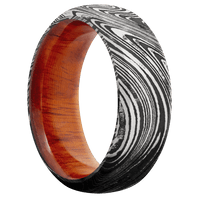 8mm wide Domed Bevel Marble Damascus Steel Ring with Tumble Kuro Damascus Finish / Pernambuco Sleeve