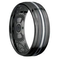 7mm wide Stepped Bevel Black Zirconium Ring with Bead Blast Finish / One 1mm Centered Palladium Silver Inlay with Satin Finish and Blue Titanium Cerakote Accents / Gears Interior Pattern