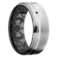 8mm wide Beveled Damascus Steel Ring with Polish Damascus Finish / One 1mm Off Center Platinum Inlay with Polish Finish / Black Titanium Sleeve / None Interior Pattern