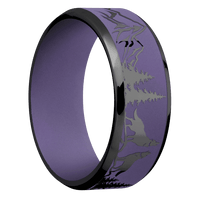 8mm wide Beveled Black Zirconium Ring with Polish Finish / Wolf Mountain Design and Bright Purple Cerakote Accents / Bright Purple Cerakote Sleeve