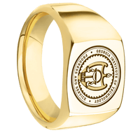 Medium Cushion signet ring (14x14mm) in 10K Yellow Gold, with a Wide style band and a Georgia Tech University Seal engraving.