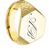 Large Hexagon signet ring (18.5x16mm) in 18K Yellow Gold, with a Wide style band and a Kunstler Script 2 engraving.