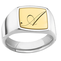 Medium Cushion signet ring (14x14mm) in Palladium Silver, with a Wide style band, a 14K Yellow Gold inlay and a Kunstler Script 1 engraving.