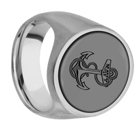 Extra Large Oval signet ring (24x20mm) in Platinum, with a Wide style band, a Zirconium inlay and a Navy Anchor engraving.