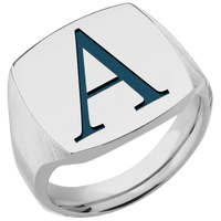 Large Cushion signet ring (18x18mm) in Titanium, with a Thin style band and a Book Antiqua 1 engraving.