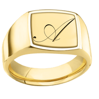 Medium Cushion signet ring (14x14mm) in 10K Yellow Gold, with a Wide style band, a 14K Yellow Gold inlay and a Kunstler Script 1 engraving.