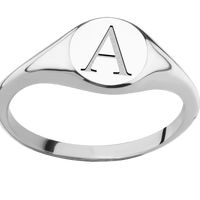 Small Circle signet ring (10mm) in Cobalt Chrome, with a Thin style band and a Book Antiqua 1 engraving.