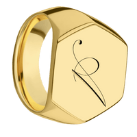 Extra Large Hexagon signet ring (23x20mm) in 14K Yellow Gold, with a Wide style band and a Kunstler Script 1 engraving.