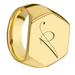 Extra Large Hexagon signet ring (23x20mm) in 14K Yellow Gold, with a Wide style band and a Kunstler Script 1 engraving.