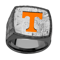 Extra Large Cushion signet ring (22x22mm) in Zirconium, with a Wide style band, a Meteorite inlay and a Tennessee Power T engraving.