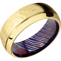 14K Yellow Gold + Hammer , Polish Finish + Titanium Damascus