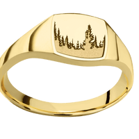 Small Cushion signet ring (10x10mm) in 10K Yellow Gold, with a Thin style band and a Trees engraving.
