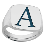 Large Cushion signet ring (18x18mm) in Titanium, with a Thin style band and a Book Antiqua 1 engraving.