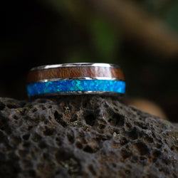Tungsten Men's Ring with Opal and Koa Wood Inlays Custom Made Band