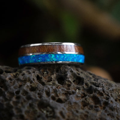 Tungsten Men's Ring with Opal and Koa Wood Inlays Custom Made Band
