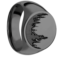 Large Circle signet ring (18mm) in Zirconium, with a Wide style band and a Trees engraving.