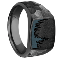 Medium Cushion signet ring (14x14mm) in Zirconium, with a Wide style band and a Trees engraving.