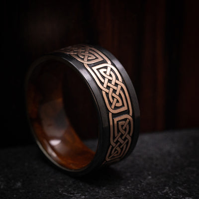Black Titanium or Black Zirconium Custom Men's Ring with 14K Gold Celtic Knot and Wood Sleeve