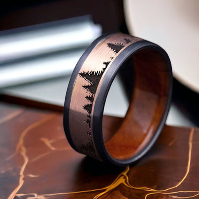 Black Titanium and Gold Spruce Pine Tree Design Men's Ring with Wood Sleeve