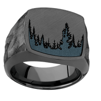 Large Cushion signet ring (18x18mm) in Zirconium, with a Wide style band and a Trees engraving.