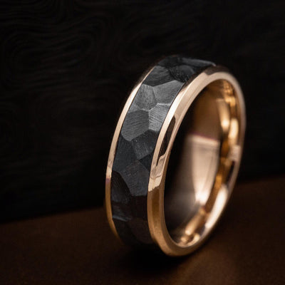 Gold Men's Ring with Black Titanium Rock Finish Inlay Custom Made