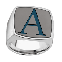 Extra Large Cushion signet ring (22x22mm) in Palladium Silver, with a Wide style band, a Tantalum Noir inlay and a Book Antiqua 1 engraving.