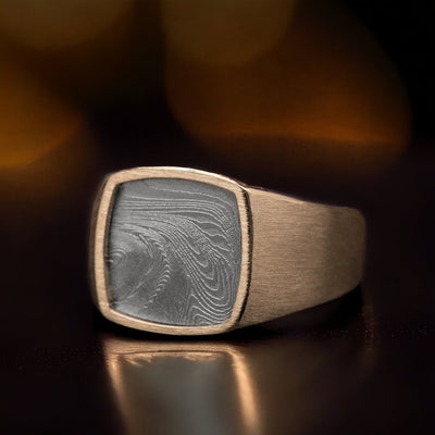 14K Gold and Tightweave Kuro Damascus Steel Signet Men's Ring Custom Made Band